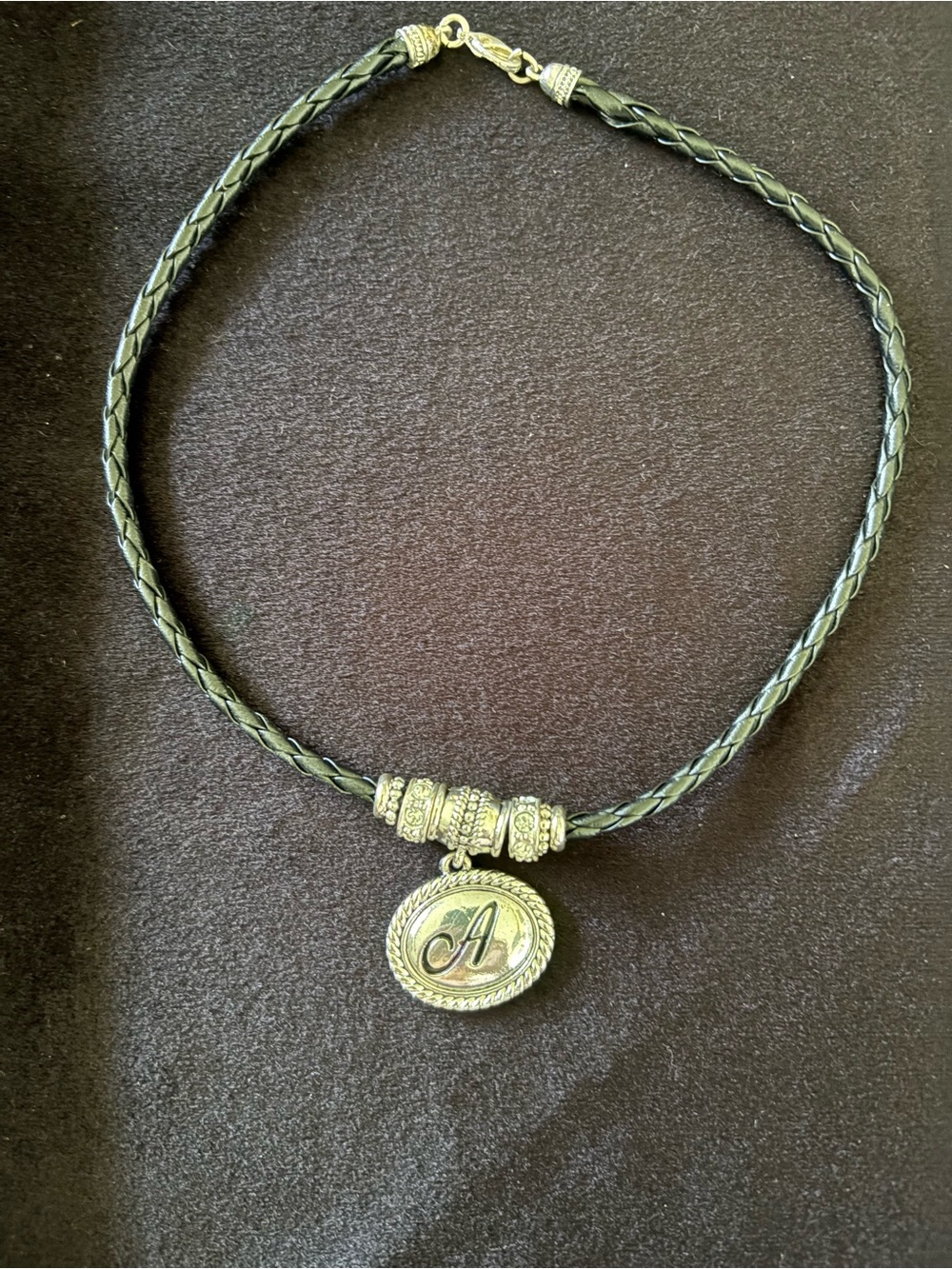 Vintage Napier Black Braided Leather Necklace w Silver-Tone Letter “A” Pendant